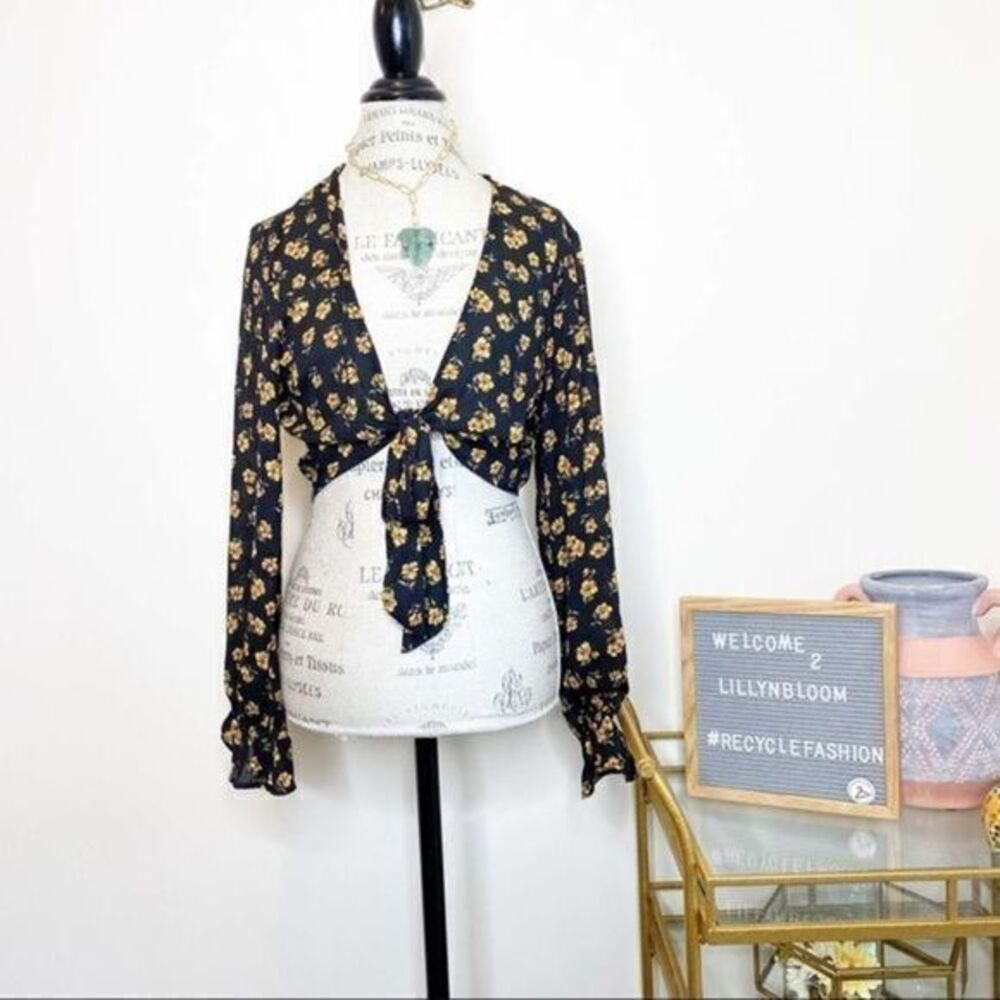 Wild Honey black floral front wrap shirt